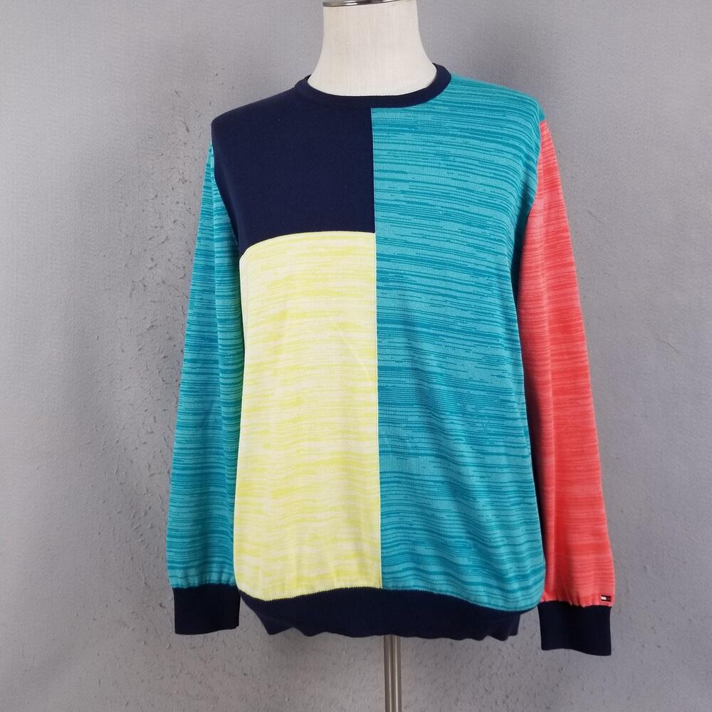 Tommy Hilfiger Sweater Mens Large Navy‎ Teal Yellow Colorblock Crewneck Cotton